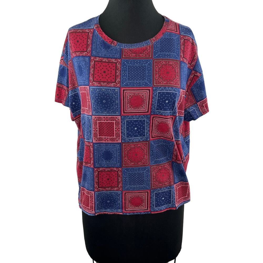 ZARA Trafaluc Red Blue Patchwork Bandana Print Boxy Crop Short Sleeve Shirt M